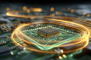 Macro shot of a central processor unit on a circuit board with illuminated data flow