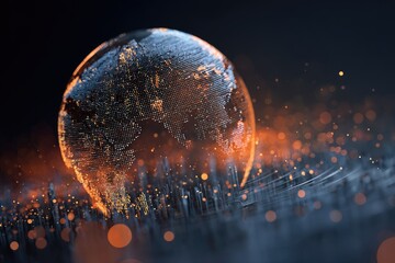 Digital representation of Earth with glowing light particles and bokeh effect