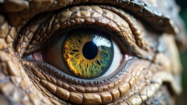 Detailed close-up of a reptile's eye with textured skin and vibrant colors exhibiting wild animal attributes