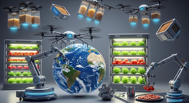 Futuristic agriculture concept featuring robotic arms, drones carrying containers, and vertical farming units around a globe.