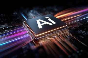 Artistic rendering of a digital processor chip, illuminated with radiant streaks of colorful light