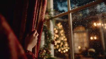 A person is looking out a window at a Christmas tree. The scene is set in a cozy, warm atmosphere with the person wearing a red shirt