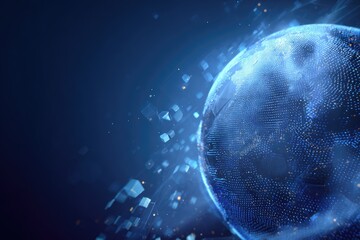 Digital globe illustration with particles, blue light effect, and space for text on left