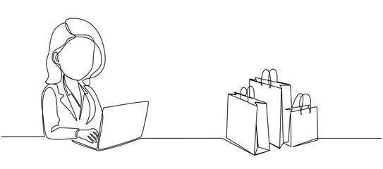 Woman with laptop computer and shopping bags in one continuous line drawing. Symbol of online shopping and Internet delivery. 