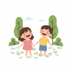 Cartoon Cheerful Little Boy and Girl Holding Hands in Park Illustration