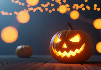 Halloween glowing Jackolantern on wooden table with string lights