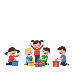 Cartoon Style Illustration of Children Celebrating Giving and Receiving Gift