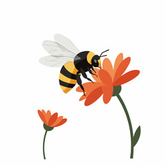Cute Flat Style Detailed Bee Pollinating Flower Plant Illustration