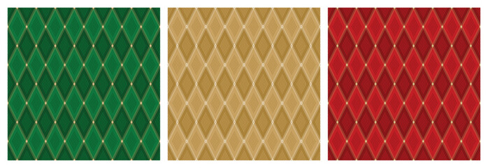 Vector Set of Christmas Argyle Seamless Patterns - Green, Golden, Red Geometric Diamond Holiday Backgrounds