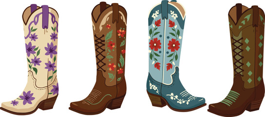 Cowboy boots, western footwear, leather shoes, floral embroidery, geometric patterns, rustic fashion, decorative design, country lifestyle, rodeo culture, vintage western style