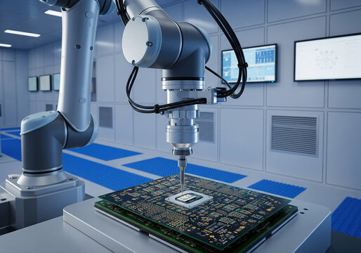 Precision Industrial Robot Arm Assembling a Microchip on a Green Circuit Board