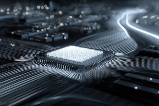 Close-up view of a futuristic CPU chip with intricate circuitry, blurred lights in the background