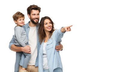 Happy young couple with child standing, pointing to side,white background,copy space,poster