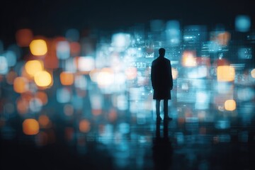 A silhouette of a person gazing at an abstract data visualization with blurred bokeh lights