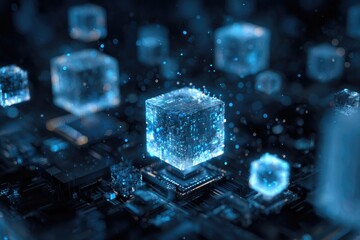 3D rendering of glowing blue cubes hovering above a computer circuit board with particles