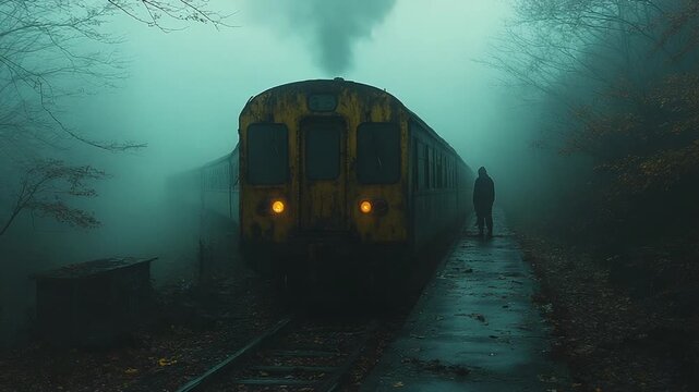 Mysterious Figure Waiting for a Ghost Train in the Fog.