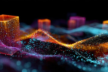 A close-up of abstract, glowing 3D cubes and colorful, flowing particle wave patterns
