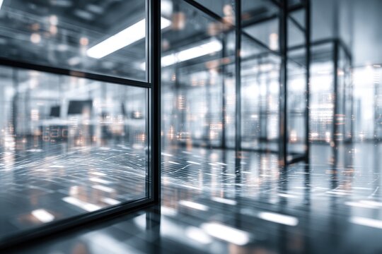 Interior shot of a modern office with glass walls, data overlay, and blurred background