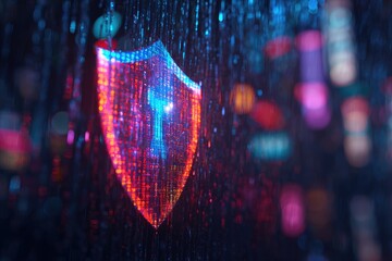 Abstract digital depiction of a glowing shield with a keyhole, representing cybersecurity