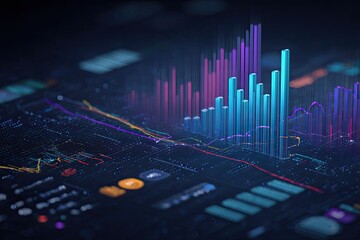 Visualization of digital data with graphs and charts in an abstract, technological composition