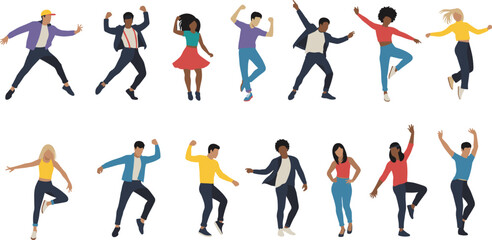 Diverse dance group illustration, people in casual outfits performing energetic moves, joyful celebration, cultural expression, modern lifestyle, colorful vector design