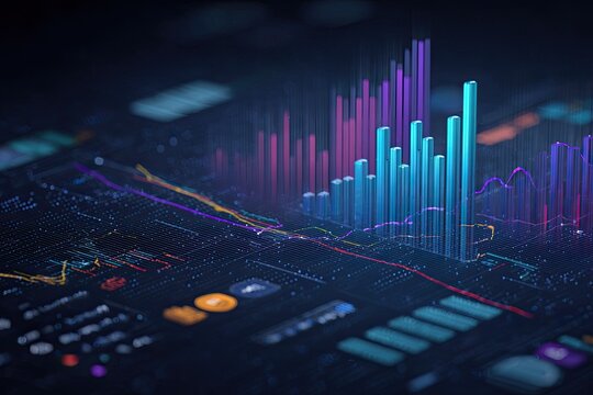 Visualization of digital data with graphs and charts in an abstract, technological composition