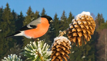 Bird perched on snowy branch