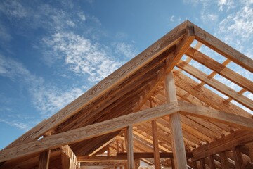 New Home Construction Wooden Roof Framing Against Blue Sky with Clouds.