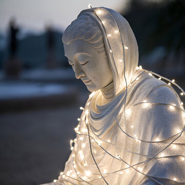 Wrapped in white light, the figure radiates purity and peace, standing as a beacon of hope in endless darkness.