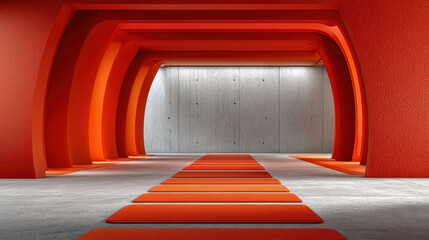 A long red tunnel with a white stripe. The tunnel is empty and has a very modern feel to it