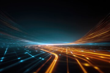 Abstract digital network visualization with flowing orange and blue light trails in curved pathways
