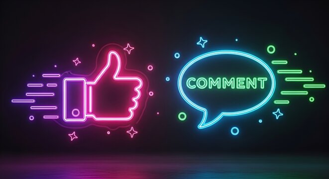 Neon like symbol and comment bubble glowing on a dark background with decorative stars and lines