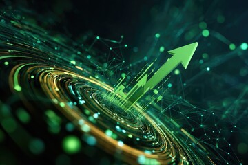 Abstract digital art with an upward-pointing arrow through swirling lines & connecting nodes