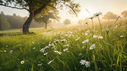 Idyllic meadow with daisies in the morning light tranquil summer scene perfect for nature and landscape photography projects