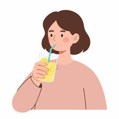 Simple Flat Illustration of Woman Drinking Lemonade from Glass Beverage