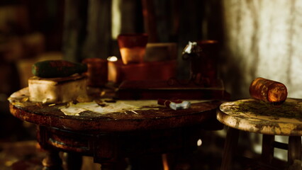 A rustic wooden table is scattered with aged tools, remnants of old crafts, and colorful spills. Sunlight gently filters through, casting warm shadows in a cozy, creative space.