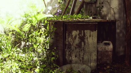 In this serene outdoor scene, a weathered wooden table is enveloped in lush green vines. Sunlight filters through nearby plants, adding warmth to the tranquil atmosphere.