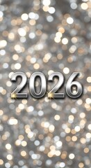 Shiny Silver 2026 Numbers on Festive Golden and White Bokeh Background for New Year Celebration