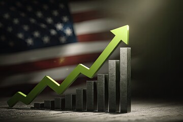 Rising green graph over metallic columns, American flag blurred in background
