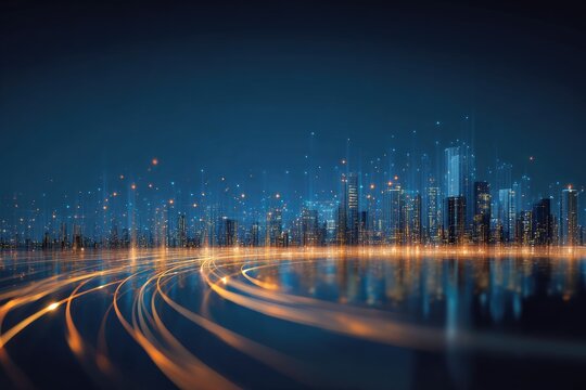 Futuristic cityscape at night, with glowing lights and data streams