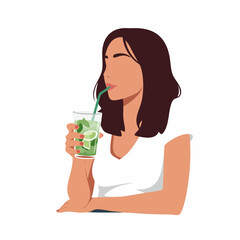Minimalist Flat Illustration of a Woman Drinking Mojito Cocktail