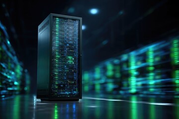 A dark data center with a server rack glowing against a blurred background of more racks