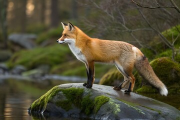 Fototapeta premium A magnificent wild red fox stands alert on a mossy rock at the water's edge in a serene forest wilderness