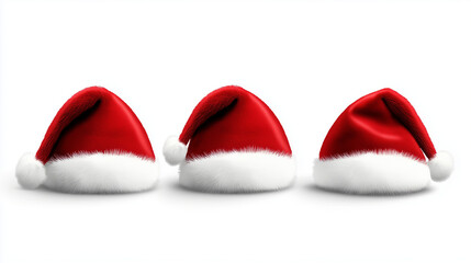 Row of three classic Santa Claus hats, red fabric with soft white trim, isolated, holiday symbol, simple composition for banner or card.