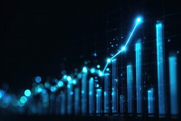 Digital depiction of growing financial data, visualized with a bright blue upward trending line