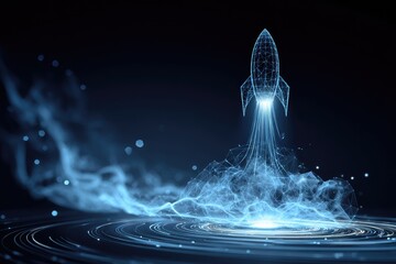 Digital art shows a geometric rocket launching from a swirling digital surface, creating a smoky trail