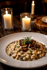 A gourmet plate of mushroom-infused spaetzle, artfully lit by candles in a romantic setting. The spaetzle is topped with perfectly cooked mushrooms