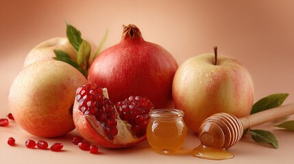  A table topped with pomegranates and a jar of honey beside two wooden spoons