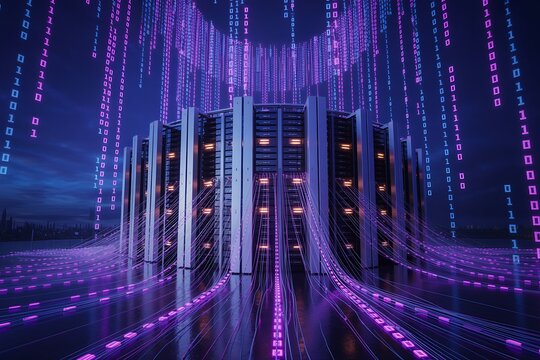 Digital Data Flow of Binary Code Streaming into a Server Rack in a Futuristic Data Center data stream