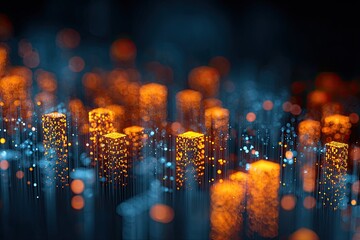 Abstract digital landscape with glowing orange structures against a blurred blue and black background